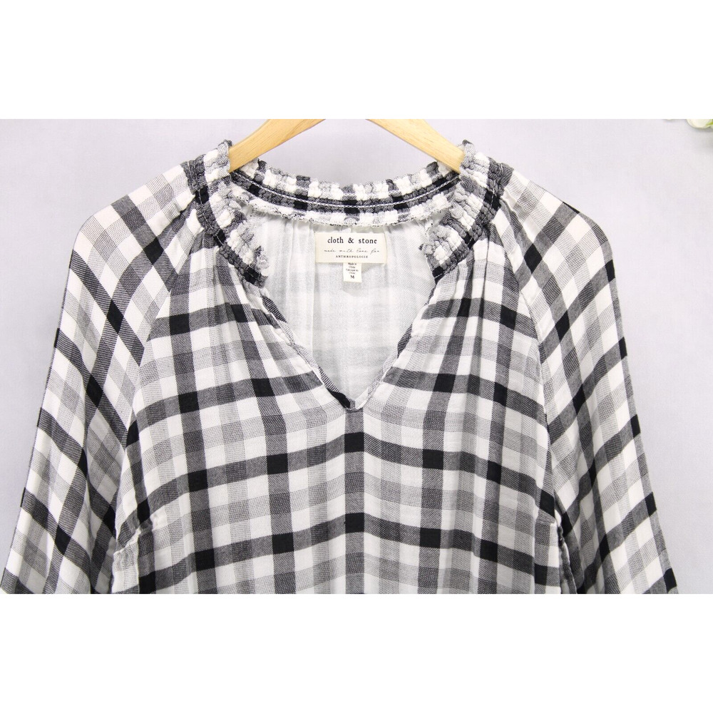 Anthropologie Cloth & Stone Women's Sara Top Black White Plaid Popover Soft Sz M - Picture 3 of 8